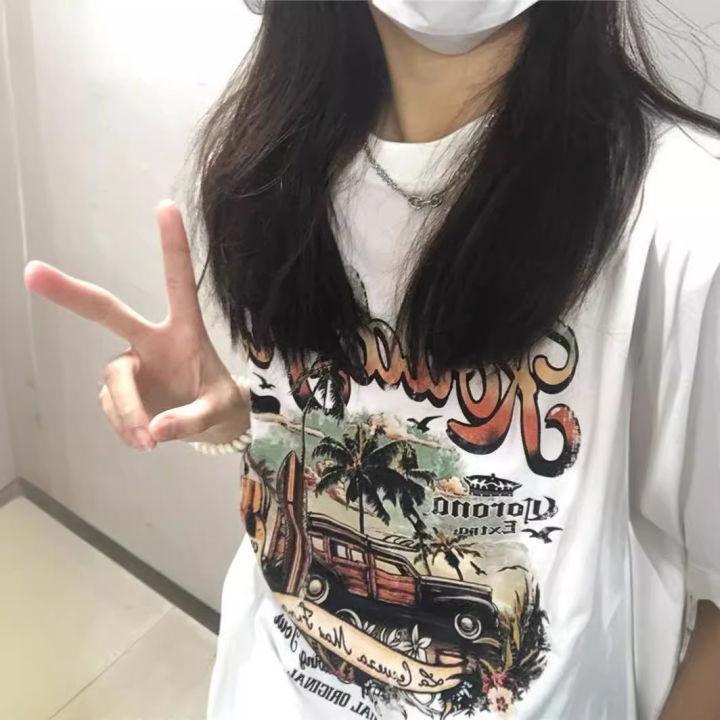 MAIKAO%20American%20Retro%20Fun%20Monogram%20Print%20Short%20Sleeve%20T-Shirt%20Women's%20Couple's%20Trendy%20Loose%20Casual%20Street%20Top%20-%20Image%204
