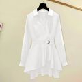 M-4XL Women's Shirt Lapel V Neck Long Sleeves Irregular Hem Plus Size Waist Tight Adjustable Belt Pullover Shirt Female Clothing. 