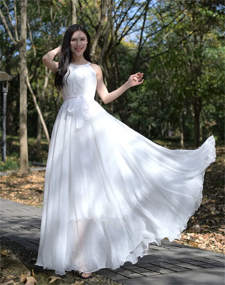 New Summer Chiffon Extra Long Large Swing Dress Women Solid Chiffon Beach  Dress Summer Bohemian Maxi Dress Ladies Party Vestidos