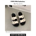 Birkenstock Double Belt Buckle Flat Soft Leather Sandals for Women2023Summer Buckle Casual Roman Shoes Open Toe Beach Shoes.