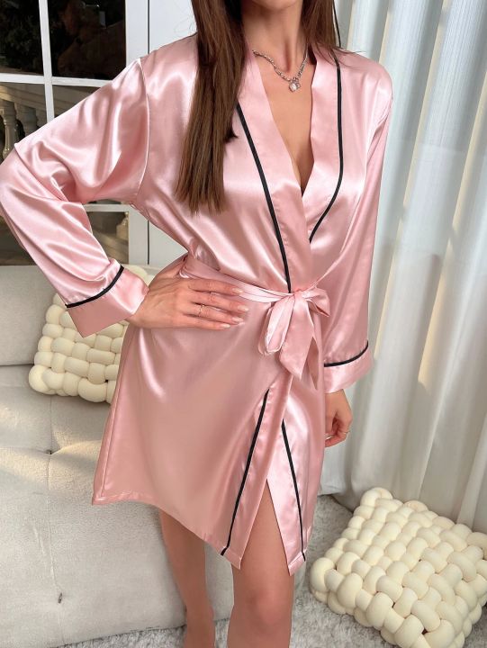 Simple Satin Night Robe Elegant V Neck Long Sleeve House Robe With Belt Women's Sleepwear