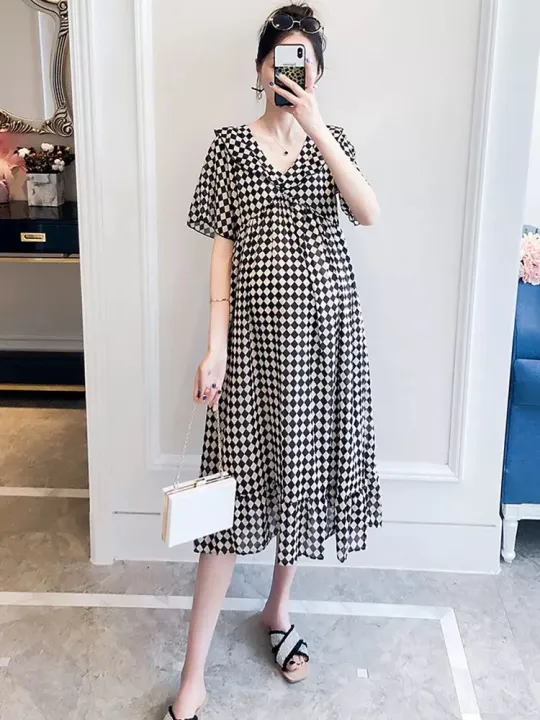 insWestern%20Style%20Summer%20Maternity%20Dress%20Loose%20Slimming%20Plaid%20Skirt%20Summer%20Fashionable%20Long%20Summer%20Maternity%20Dress%20-%20Image%204