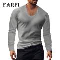 Men V-neck T-shirt Men V-neck Long Sleeve T-shirt Solid Slim Fit High Elastic Pullover Tops Breathable Thin Stwear Casual Men T-shirt. 