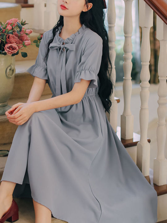 Gentle Retro Mori Style French Dress Girlish Style Summer New First Love Tight Waist Slim Fit Sweet Midi Dress