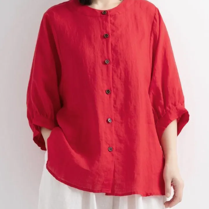 Ladies%20Summer%20Lantern%20Sleeve%20Tops%20For%20Girls%20Students%20Solid%20Color%20Cotton%20Linen%20Blouse%20Round%20Neck%20Pullover%20Shirt%20-%20T%20Shirt%20For%20Women%20-%20Image%203