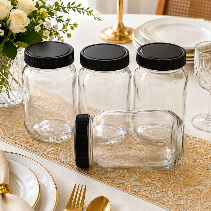 250ml, 06/12 pcs glass jar for kitchen & dining. Glassware Food Container with New Black Cap.
