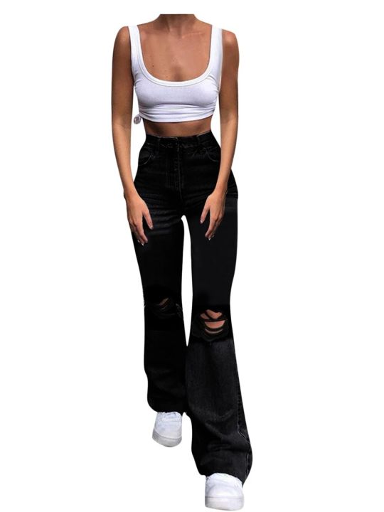 High%20Waist%20Blue%20Ripped%20Boot%20Cut%20Jeans%20For%20Women%20Fashion%20Stretch%20Knee%20Ripped%20Denim%20Flared%20Pants%20Casual%20Female%20Trousers%20Black%202023%20-%20Image%205