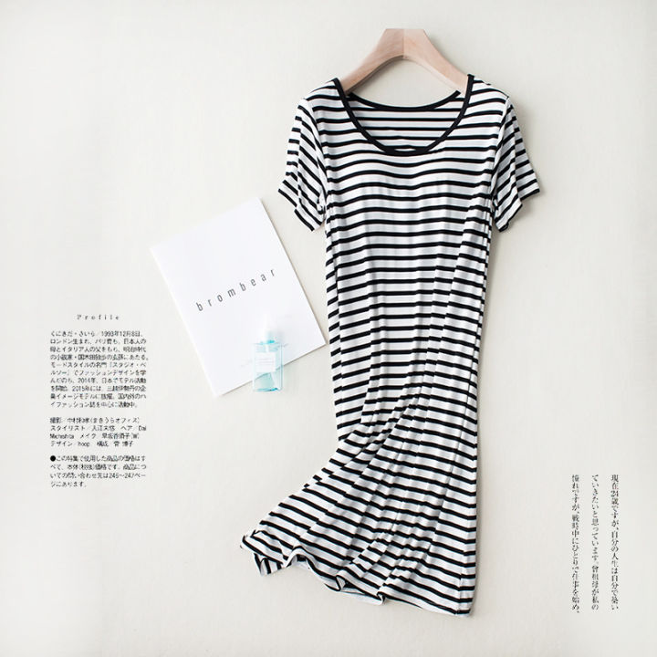 modal%20short%20sleeve%20long%20skirt%20pajamas%20with%20bra%20pads%20striped%20loose%20thin%20plus%20size%20home%20dress%20women's%20summer%20home%20-%20Image%206