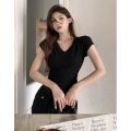40 Support 94 Cotton Combed Cotton Sweet and Spicy V Collar Slim-Fitting Basic Short Sleeve T T-shirt Women's Summer New Slim Fit Slimming Top. 