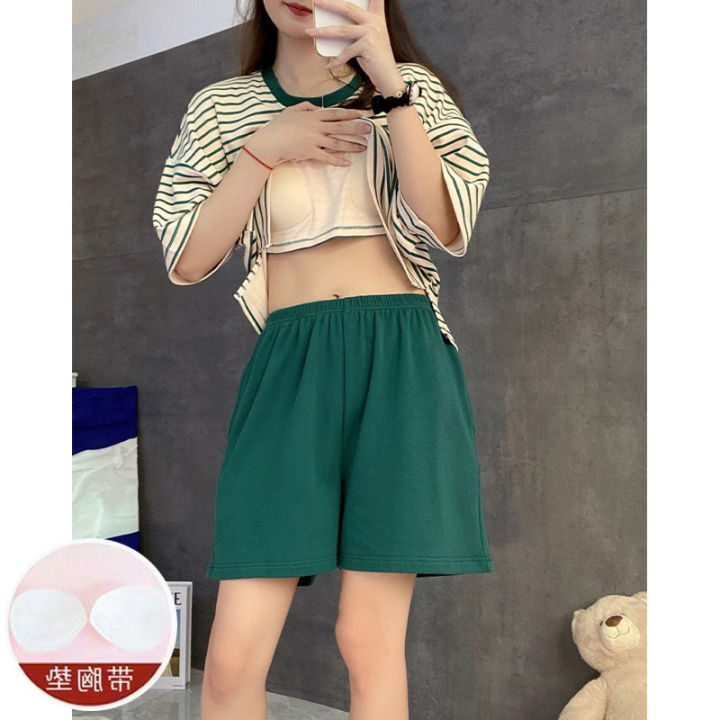 Manufacturers:%20foreign%20trade,%20summer%20pajamas%20with%20bra%20pads,%20women's%20short-sleeved%20shorts,%20imitation%20cotton%20stripes,%20simple%20sports%20loungewear,%20can%20be%20worn%20outside%20-%20Image%203