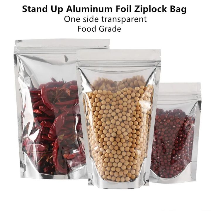 100pcs Stand Silvery Aluminum Foil Zip Lock Bags with Clear Front - Zipper Self Sealing Snacks Food Pouches Aluminizing Package