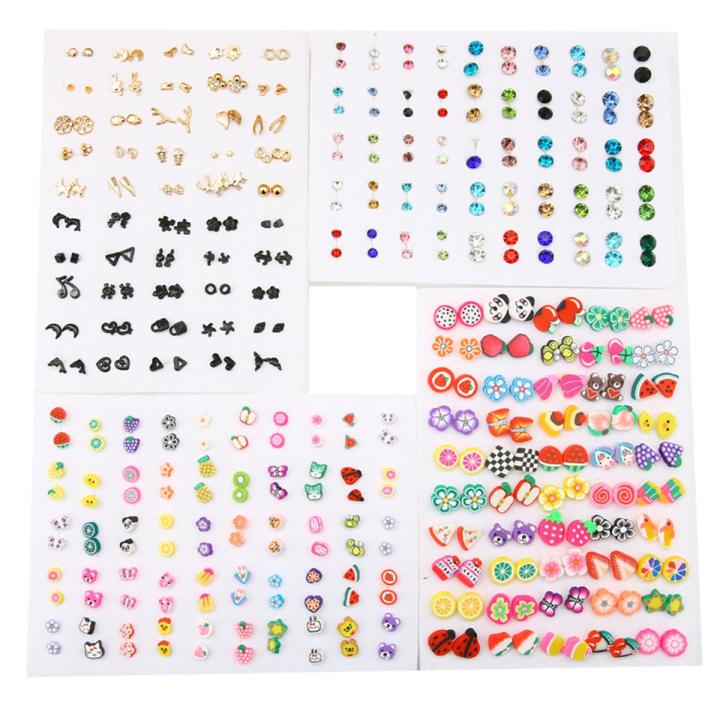 50 Pairs Korean Fashion Earrings Mixed Styles Pearls Colorful Rhinestone Flower Fruits Animal Plastic Stud Earring Set For Girls Piercing Metal Ladies Jewelry Gifts