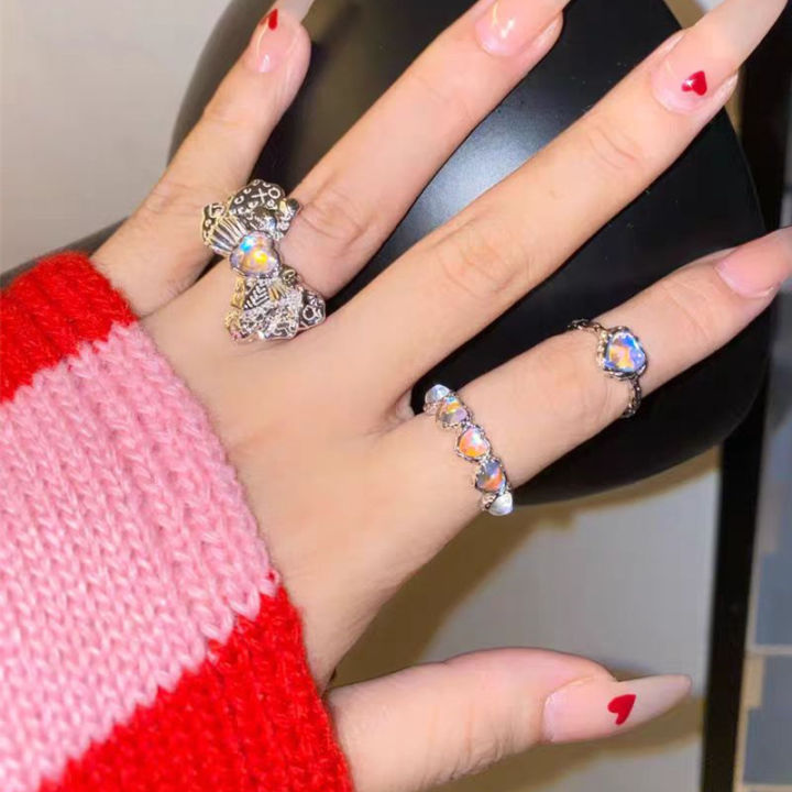 Gradient Love Moonstone Ring Tin Foil Texture Silver Bow Adjustable Ring Niche Heart Shaped Open Ring