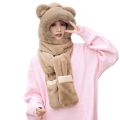 Bear hat, scarf, gloves, one-piece three-piece set for women, autumn and winter, Korean version of students, cute thickened knitted plush hat.