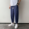 Cotton and Linen Overalls for Male Students Korean Style Trendy Summer Cropped Wide-Leg Pants Casual Loose All-Match Ankle-Tied Long Pants.