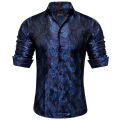 Luxury Silk Shirts for Men Black Silver Paisley Wedding Prom Party Button Down Collar Dress Shirt Blose Men Clothing.