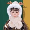 Cute Antler Baby Hat Winter Plush Warm Baby Scarf Hat Scarf Integrated Warm and Windproof 1-6 Years. 