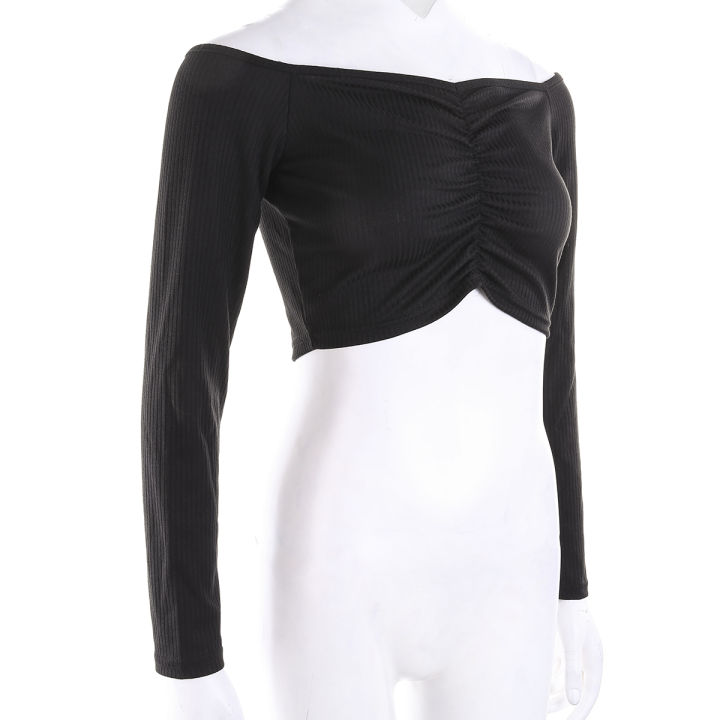 New%20Women's%20Long%20Sleeve%20T-shirt%20Summer%20Fashion%20Casual%20%20Off%20Shoulder%20Cropped%20Top%20Solid%20Color%20-%20Image%205