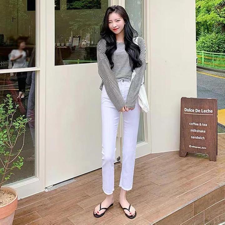 White Denim Straight-Leg Pants Women's Cropped High Waist Slimming