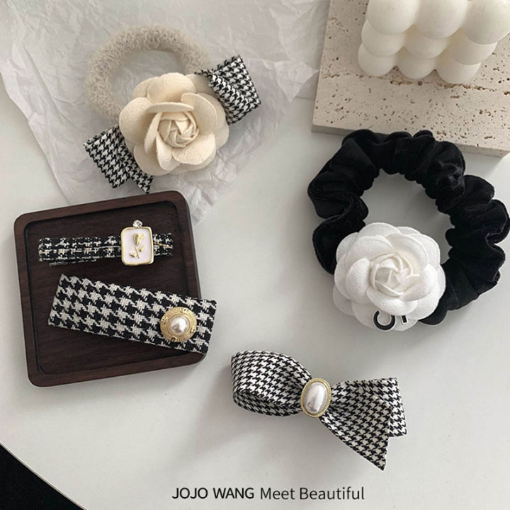 Camellia after the rain ~ Houndstooth small fragrance autumn and winter hairpin on the back of the head for women with big BB clip bangs clip large intestine hair tie