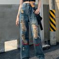 New Ripped Harlem Jeans Women's High Street Tide Loose Cool Straight High Waist Wide LeghiphopHip Hop.
