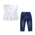 Toddler Kids Baby Girls Outfits Solid T-shirt Tops+Pearl Denim Pants Jeans Set. 