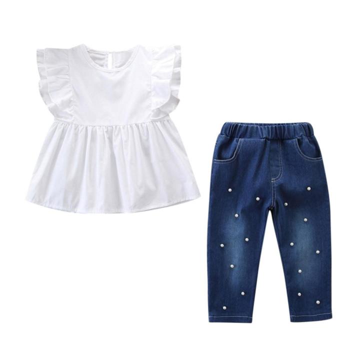 Toddler%20Kids%20Baby%20Girls%20Outfits%20Solid%20T-shirt%20Tops+Pearl%20Denim%20Pants%20Jeans%20Set%20-%20Image%203