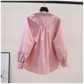 Design Sense Pleated Lace-up Long-Sleeved Pink Cotton Shirt Women's Loose Shirt2023Spring and Summer Artistic Temperament Top Fashion. 