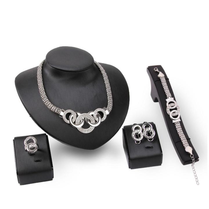 Trendy 4Pcs/set Luxury Jewelry Sets Link Chain Geometric Circle Metal Necklace Bracelet Earrings Ring Jewelry for Girls for Wedding