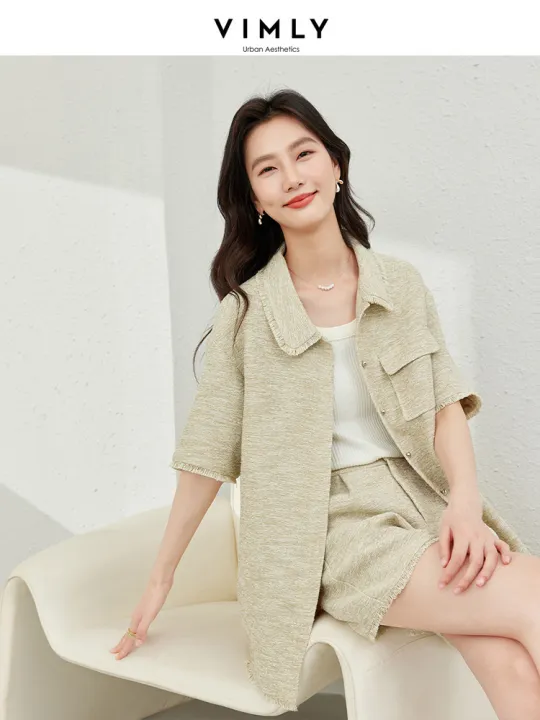 Vimly%20Light%20Green%202%20Piece%20Sets%20Womens%20Outfits%20Lapel%20Short%20Sleeves%20Jacket%20Short%20Pant%202024%20Spring%20New%20Casual%20Matching%20Sets%20M6089%20-%20Image%203