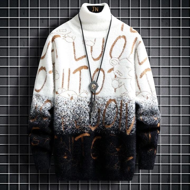 2023 New Fall Luxury Cashmere Turtleneck Mens Sweaters Thick Warm Personality Letter Sweater Men Harajuku Male Pullovers