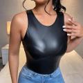 Women Fashion Clubwear Top Black Patent Leather Sleeveless tank Mock Neck Zipper Back Cropped T-shirt Pole Dance Costume.