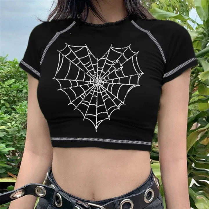 Summer%20American%20clothing%20Cute%20Women%20grunge%20T-shirt%20Ulzzang%20y2k%20Slim%20O-neck%20short%20tees%20dark%20spider%20web%20print%20Streetwear%20Corp%20tops%20-%20Image%204