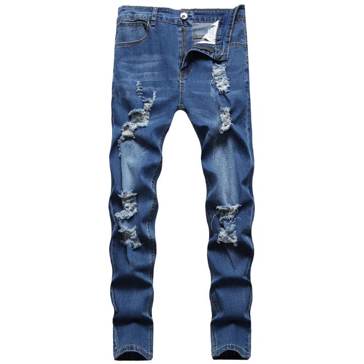 Men Casual Jeans, Solid Color Long Trousers with Broken Holes, S/ M/ L/ XL/ XXL/ XXXL