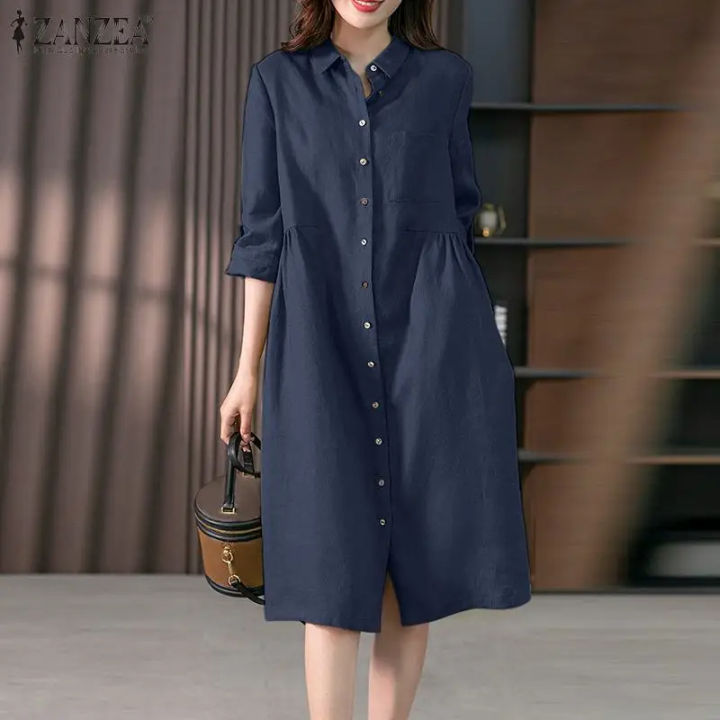 Women%20Causal%20Shirt%20Dress%20Women%20Long%20Sleeve%20Solid%20Dresses%20ZANZEA%20Fashion%20Lapel%20Neck%20Midi%20Vestidos%20Holiday%20Sundress%20Oversize%20-%20Image%204