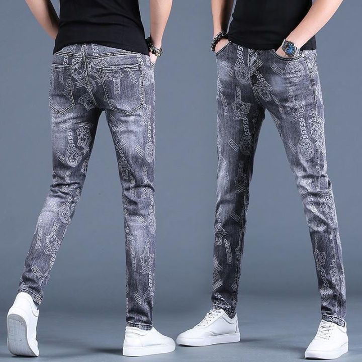Spring Autumn Boyfriend Long Skinny Jeans Man Korean Fashion Designer Kpop Punk Star Print Denim Luxury Stretch Tight Pants Men