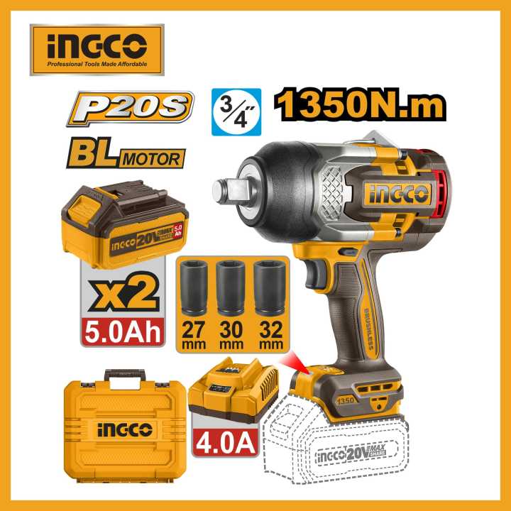 INGCO 20V 1350Nm Cordless impact wrench With 3 Pcs sockets,2 Pcs 5.0Ah battery pack and 1 Pcs 4A charger for driving in and loosening screws CIWLI20135