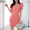 Korean Style Womens Geometric Printed Sundress Elegant Square Neck Mini Dress #11. 