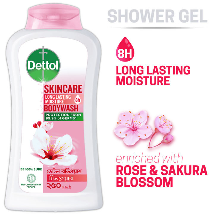 Dettol Body Wash Skincare Rose & Sakura Blossom with 8 Hours Long Lasting Moisture 250ml Shower Gel