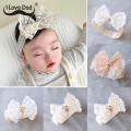 I Love Dad Princess Lace Headband For Girls Sweet Bowknot Pearls Elastic Hairband Headwrap Turban for Kids Soft Baby Headwear Accessories. 