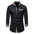 PARKLEES 2023 Autumn Plaid Patchwork Formal Shirts for Men Slim Long Sleeve White Button Up Shirt Dress Business Office Camisas.
