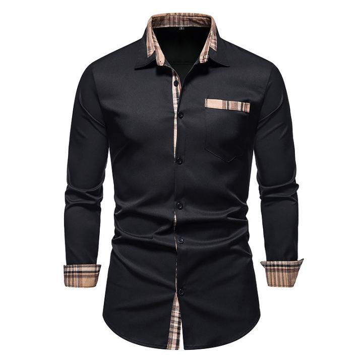 PARKLEES%202023%20Autumn%20Plaid%20Patchwork%20Formal%20Shirts%20for%20Men%20Slim%20Long%20Sleeve%20White%20Button%20Up%20Shirt%20Dress%20Business%20Office%20Camisas%20-%20Image%205