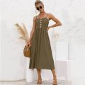 Women Spaghetti Strap Sleeveless Backless Solid Slim Madi Dress Summer New Casual Sling Big Swing Button Dresses Robe Femme. 