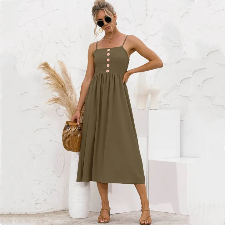 Women%20Spaghetti%20Strap%20Sleeveless%20Backless%20Solid%20Slim%20Madi%20Dress%20Summer%20New%20Casual%20Sling%20Big%20Swing%20Button%20Dresses%20Robe%20Femme%20-%20Image%202