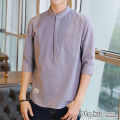 OTAKU Polo For Men Cotton Linen Chinese Collar 4/3 Sleeve Men Shirt Stand Collar Casual Polo Shirt. 