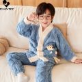 New Autumn Winter Kids Thicken Warm Flannel Pajamas Baby Boys Girls Cartoon Bear V-neck Casual Sleepwear Clothing Sets Pyjamas.