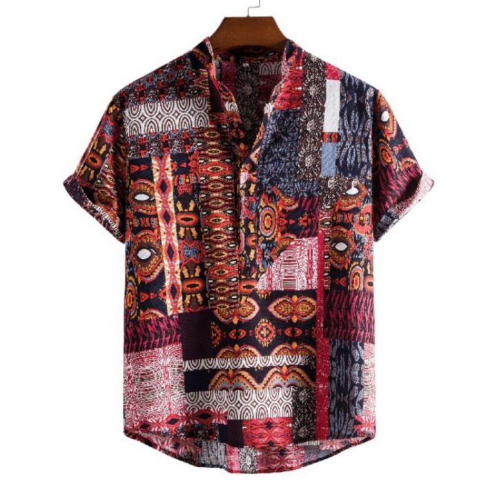 Vintage%20Men's%20Shirts%20Ethnic%20Style%20Printing%20Lattice%20Casual%20Streetwear%20Stand%20Collar%20Short%20Sleeve%20Loose%20Hawaiian%20Shirt%20Mens%20Summer%20-%20Image%202