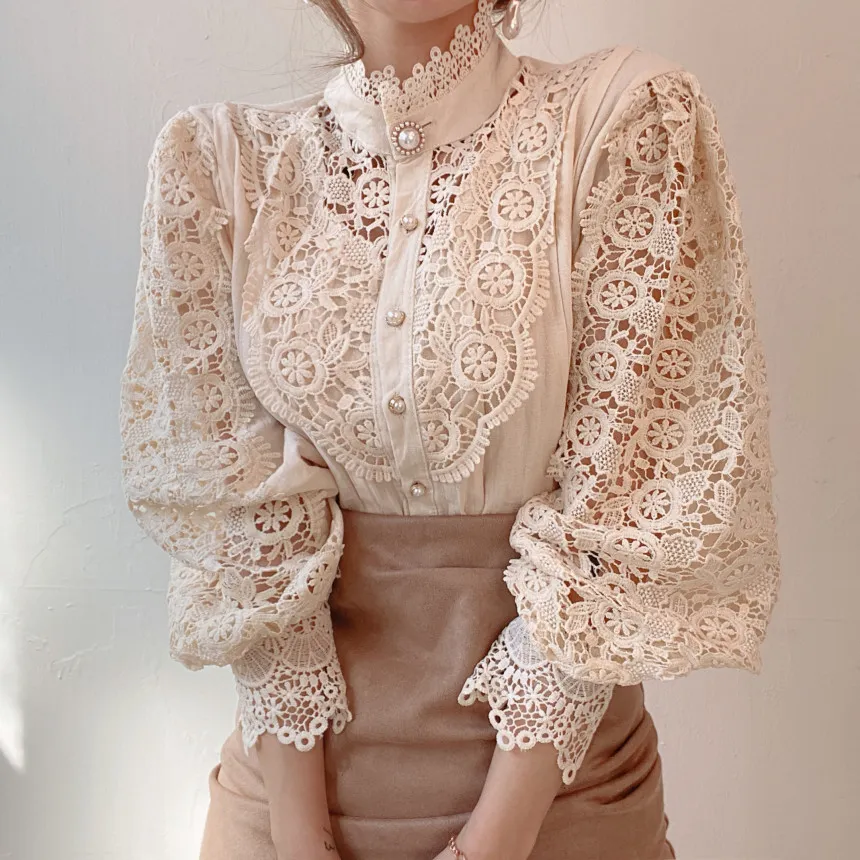 New Vintage White Lace Blouse Shirts Women 2023 Korean