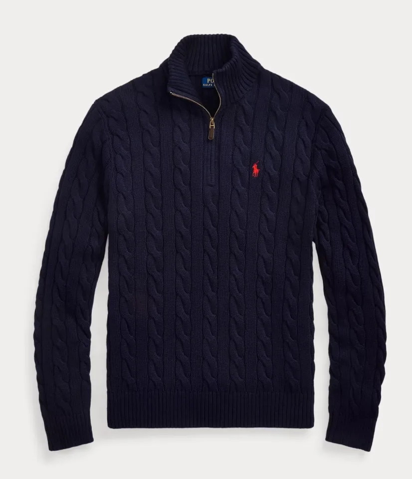 Ralph Lauren Cable-Knit Cotton Quarter-Zip Sweater – Navy Blue