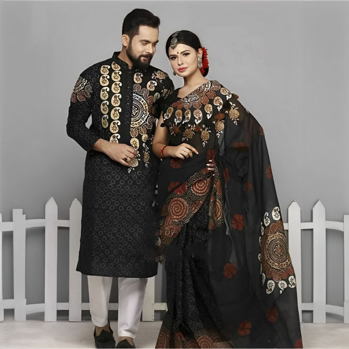 Traditional Dress Combo Set: Block Print Saree & Panjabi - Elegant Sharee for Women - Ideal for All Seasons & Occasions